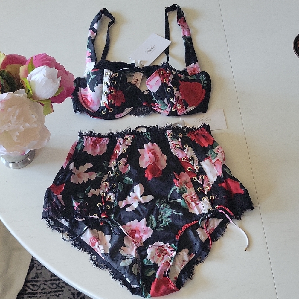 Victoria's Secret Floral Lace-Up Bra Silk Set - Black and Pink